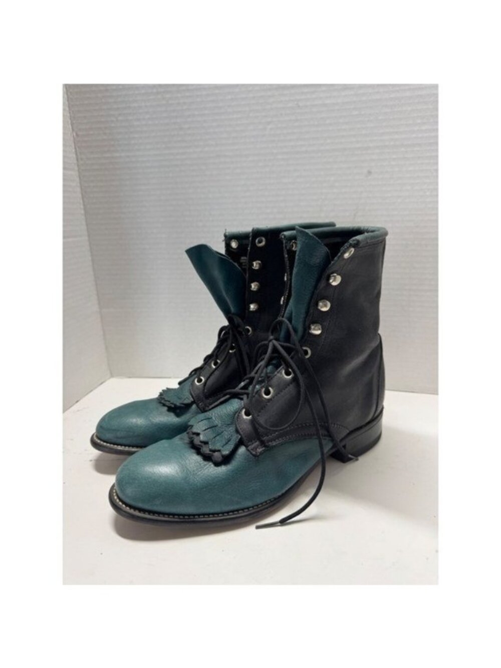 Laredo Vintage Two Tone Black Teal Leather Lace Up Packer Boots 31182 9M USA